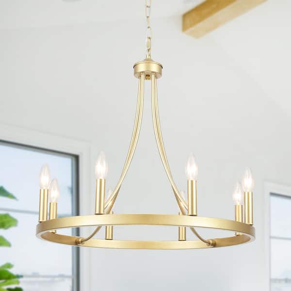 8-Light Gold Wagon Wheel Chandelier for Living Room Dinning Room with No Bulbs Included