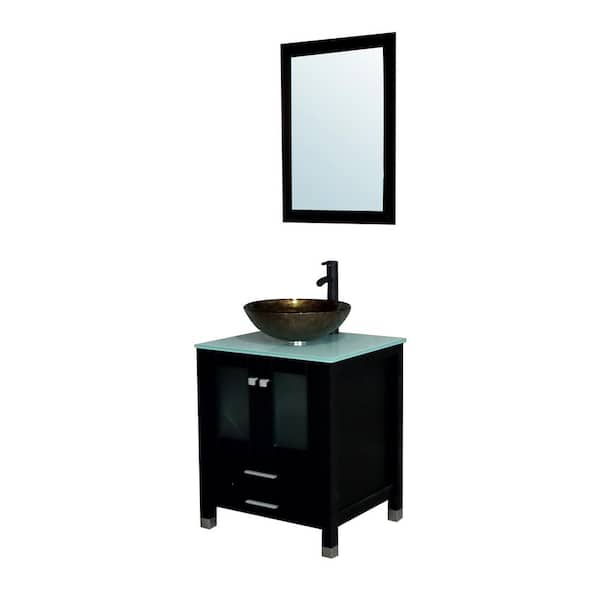Wonline 24 in. W x 21.7 in. D x 29.5 in. H Single Sink Bath Vanity in Black with Glass Top and Mirror