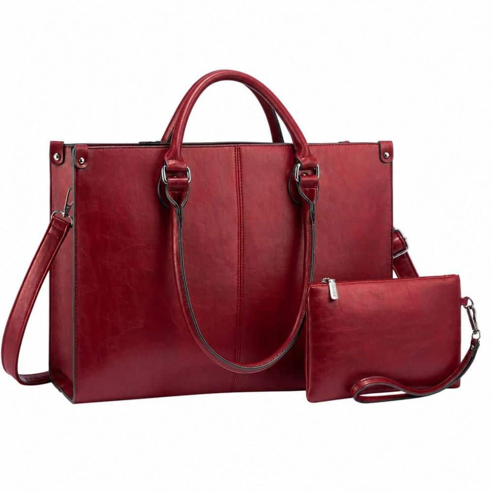 Vintage Red Vegan Leather Large Capacity Waterproof Laptop Tote Bag, 15.6 in. Business Casual Shoulder Handbag
