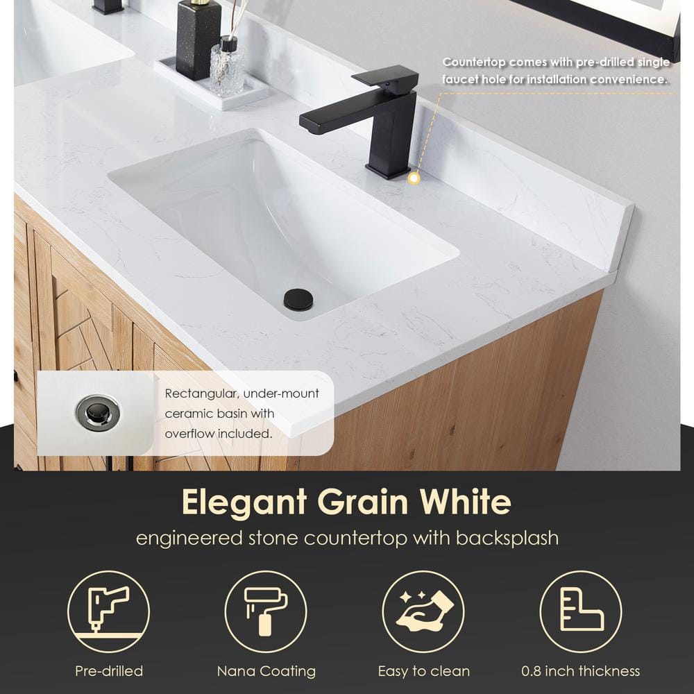 Anais 60" Light Brown Wood Vanity with White Stone Top