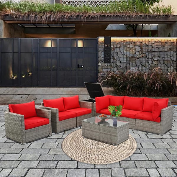 Cesicia 8-Pieces Gray Wicker Outdoor Sectional Set with Glass Coffee Table and Red Cushions
