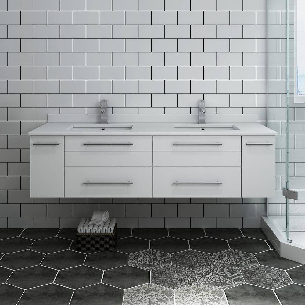 Lucera 60" White Quartz Double Wall-Mount Vanity with Ceramic Sinks