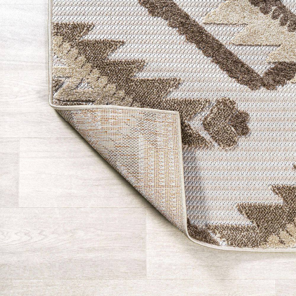 Ivory and Brown Geometric Synthetic 4' x 6' Indoor/Outdoor Rug