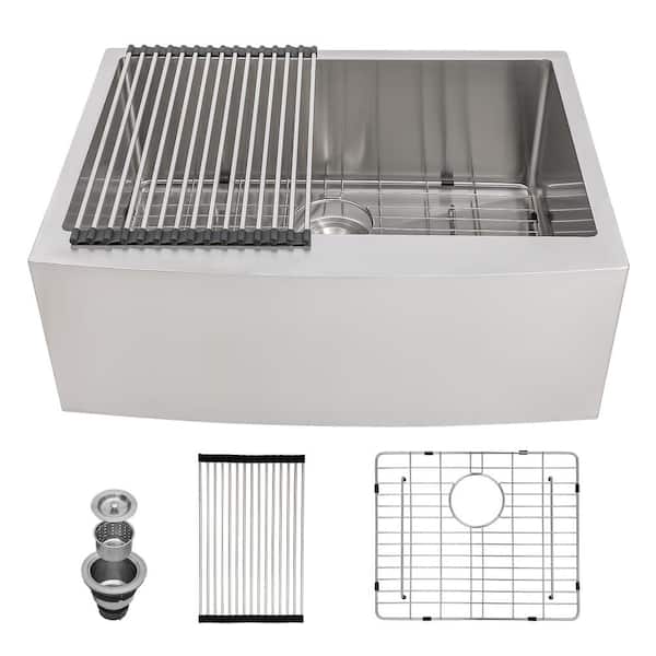 Logmey 16-Gauge Stainless Steel 24 in. Single Bowl Apron Front Farmhouse Kitchen Sink with Bottom Grid and Strainer