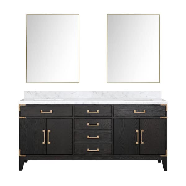 Fossa 72 in W x 22 in D Black Oak Double Bath Vanity, Carrara Marble Top, and 34 in Mirrors