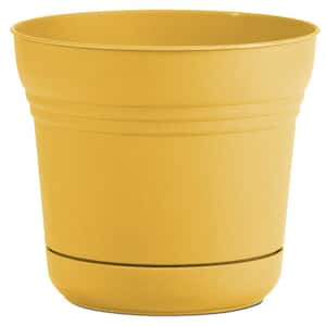 Saturn 12 in. Earthy Yellow Plastic Planter with Saucer