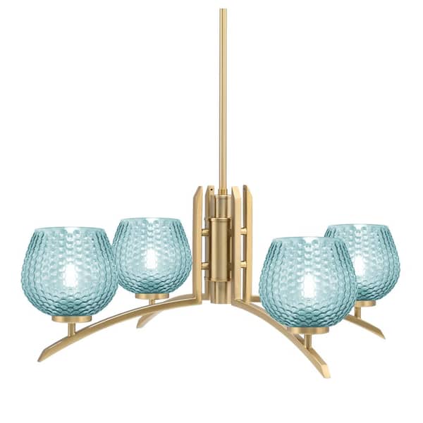 Unbranded Siena 27.5 in. 4-Light New Age Brass Chandelier with 6 in. Turquoise Textured Glass Shade, No Bulbs Included
