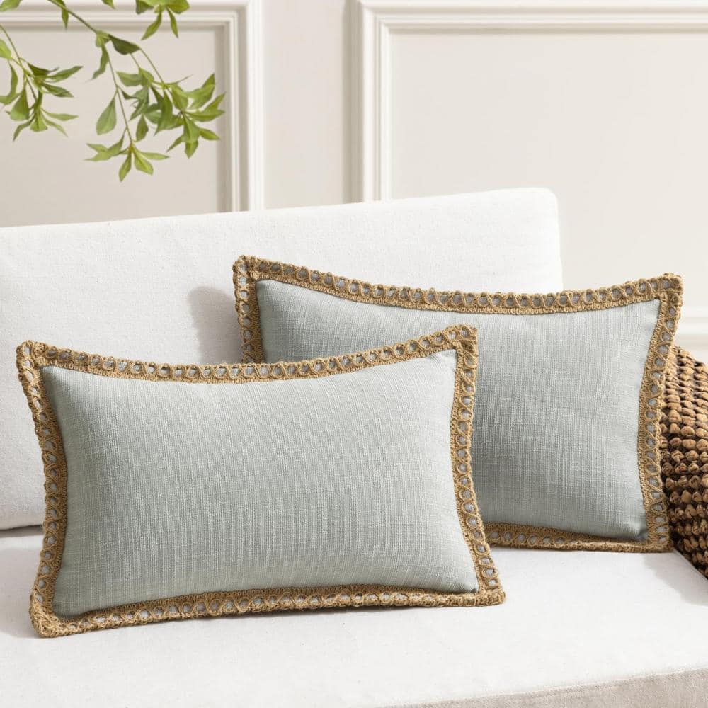 Pack of 2 Decorative Throw Pillow Covers, Burlap Linen Trimmed, Flax Gray