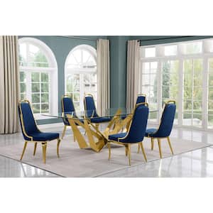 Meryl 7-Piece Rectangular Glass Top Gold Stainless Steel Dining Set With 6-Navy Blue Velvet Gold Chrome Iron Legs Chairs