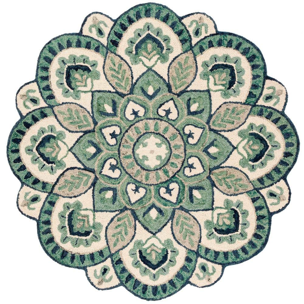 Handmade Ivory and Green Wool Round Tufted Area Rug