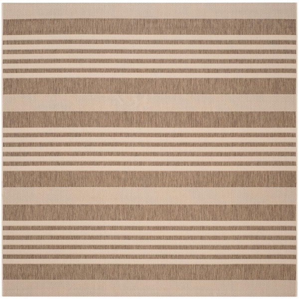 SAFAVIEH Courtyard Brown/Bone 4 ft. x 4 ft. Square Striped Indoor/Outdoor Patio  Area Rug