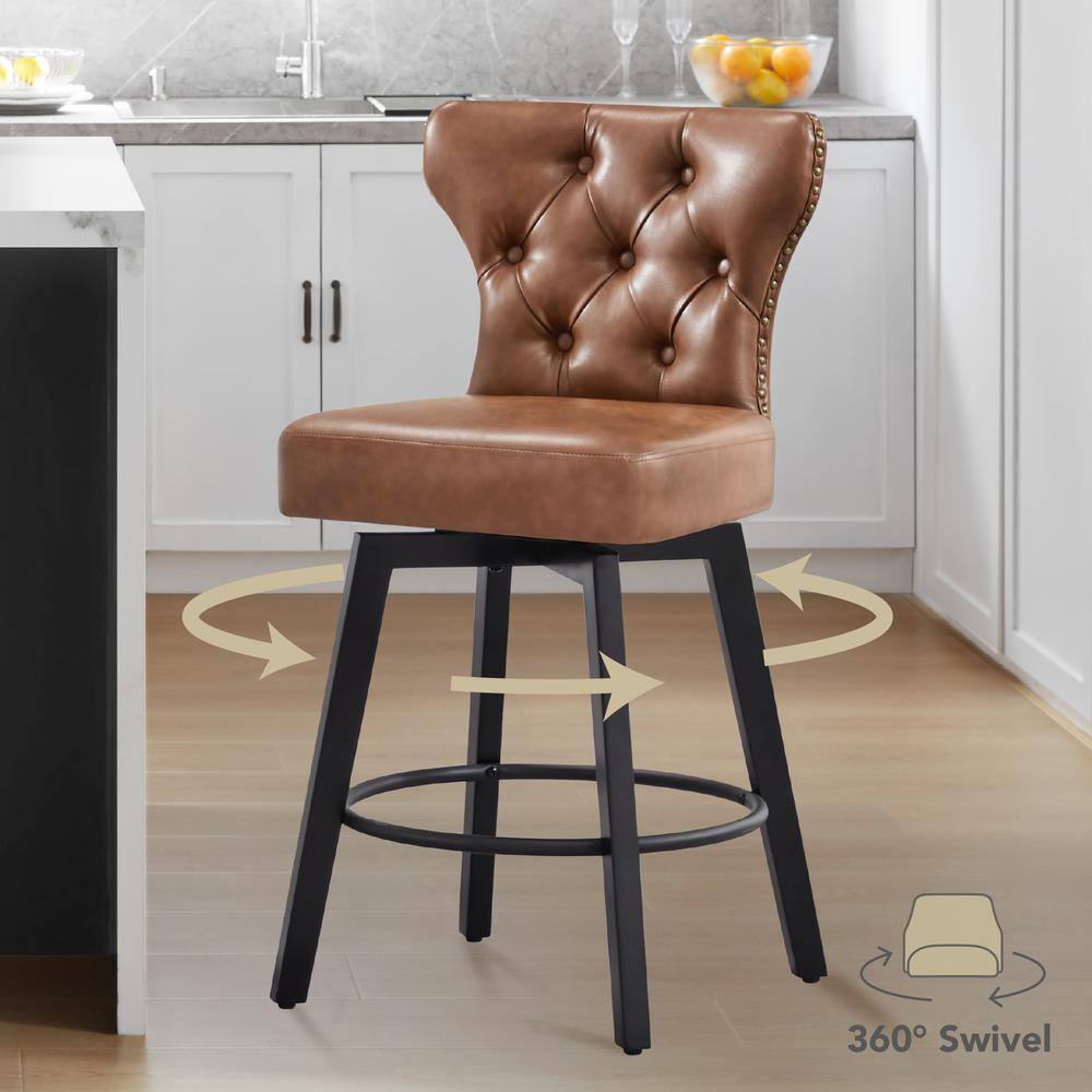 Brown Faux Leather Swivel Counter Height Bar Stools with Wood Frame, Set of 2