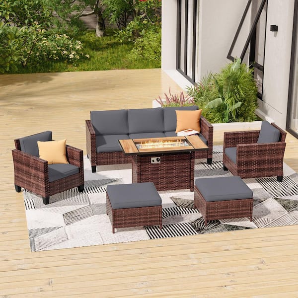 Sonkuki 6-Pieces Patio Conversation Set with Rectangle Fire Pit Table and Ottomans, PE Brown Wicker Sofa with Gray Cushion