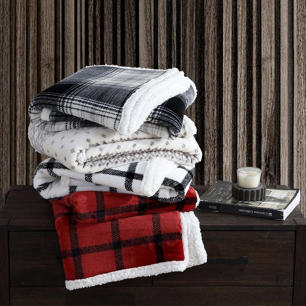 Red Plaid Reversible Sherpa Fleece Throw Blanket