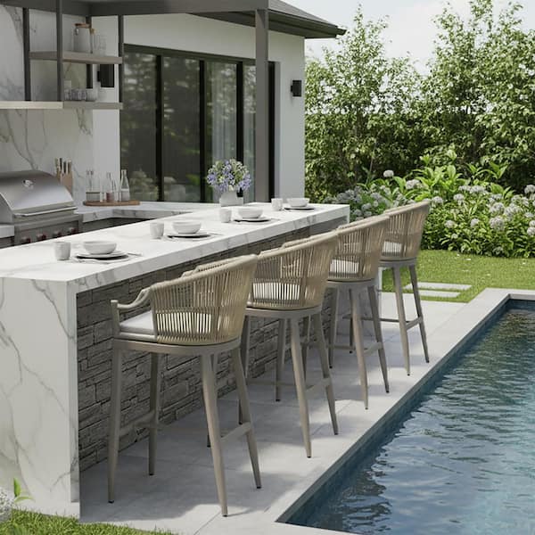 Modern Patio Wicker Metal Outdoor Bar Stool with Cushion, Backs and Ergonomic Armrest Balcony Garden Kitchen(4-Pack)