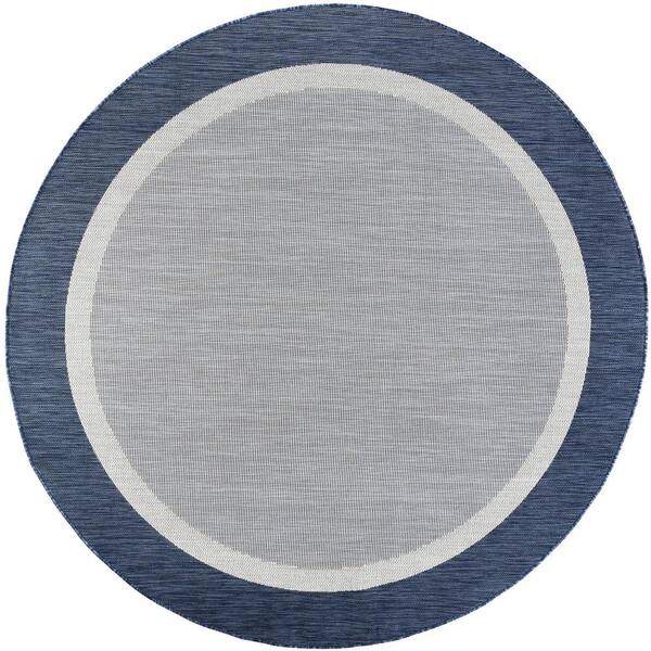Tayse Rugs Eco Solid Border Navy 6 ft. Round Indoor/Outdoor Area Rug