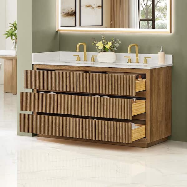 Navan 60 in. Double Freestanding Weathered Brown Bath Vanity with Grain White Engineered Stone Top Assembled