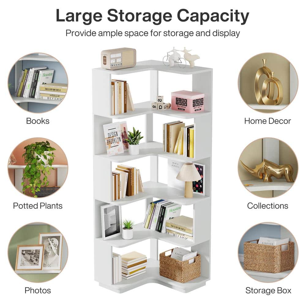 Silver Gray 65" Particle Board 6-Tier Corner Bookshelf with Anti-Drop Panel