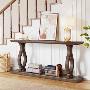 Benjamin 63 in. Brown Rectangle Wood Console Table Long Sofa Table Behind Couch 2-Tier Entry Geometric Shape Entryway