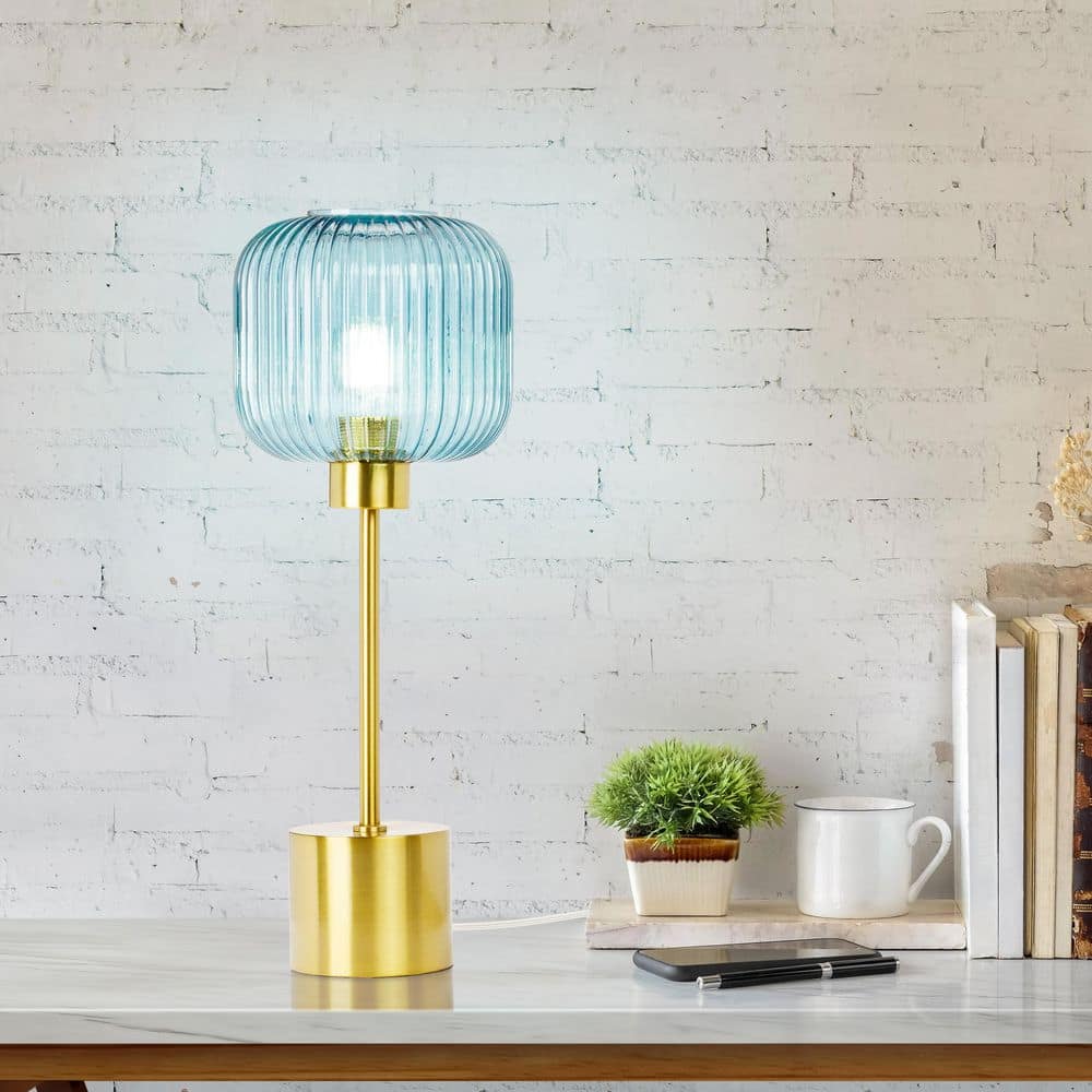 Aislin 21 in. Brushed Gold Metal Table Lamp with Globe Shade in Textured Blue Glass price history on PriceWatchPro