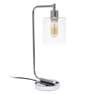 18.8 in. Bronson Chrome Antique Style Industrial Iron Lantern Desk Lamp with USB Port and Glass Shade