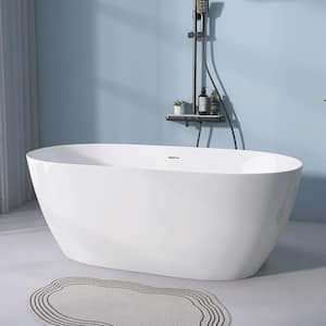 55 in. Classic Oval Anti-Clogging Acrylic Flatbottom Freestanding Non Whirlpool Soaking Bathtub in White