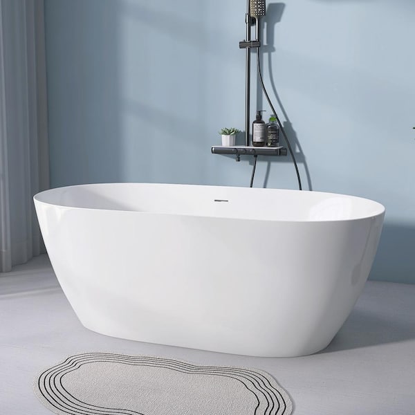 Magic Home 55 in. Classic Oval Anti-Clogging Acrylic Flatbottom Freestanding Non Whirlpool Soaking Bathtub in White