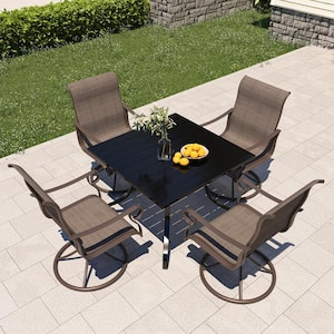 5-Piece Steel Textiliene Swivel Chair Square Table 28.54 in. Height Outdoor Dining Set with Umbrella Hole