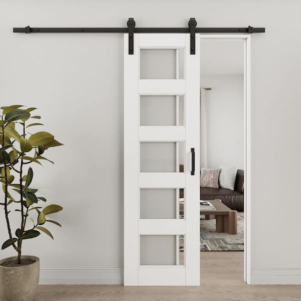 24 in. x 80 in. 5-Lite Tempered Clear Glass White Primed Solid Core MDF Sliding Barn Door with Hardware Kit