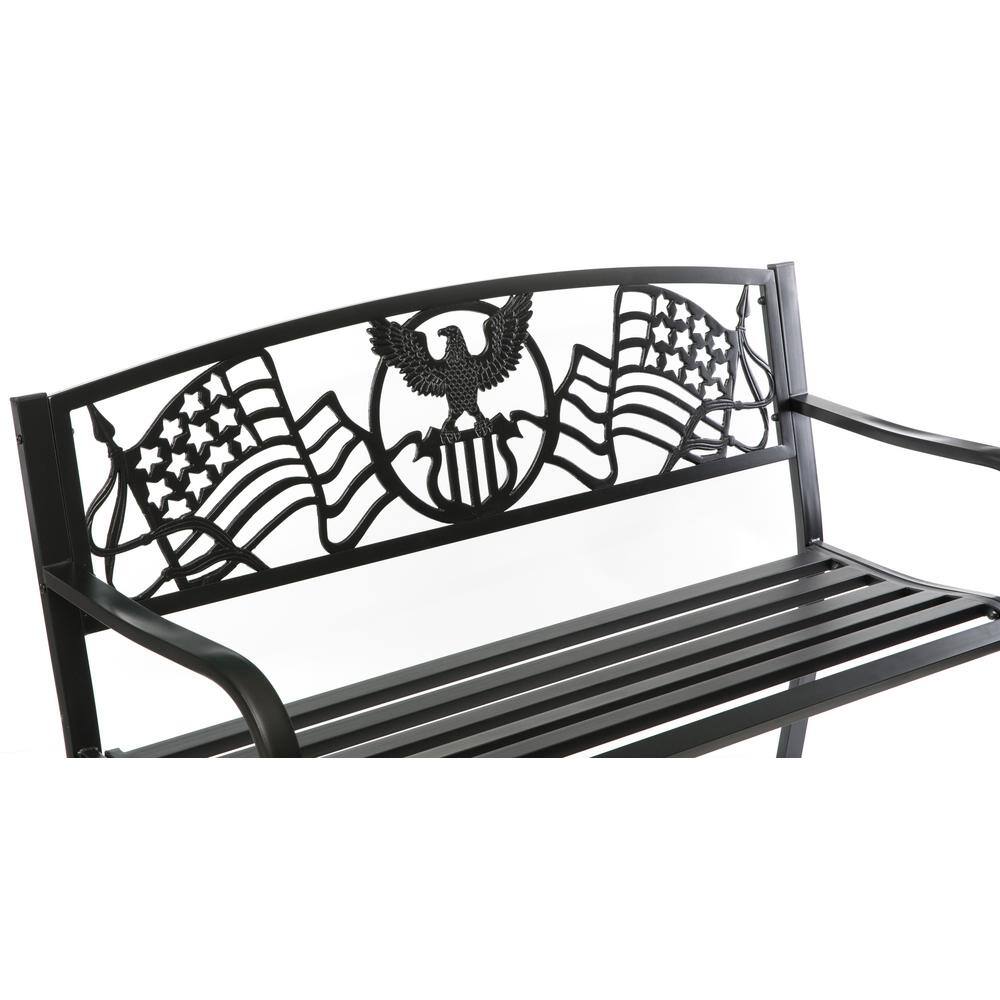 Black Steel Outdoor Patio Bench with Cast Iron American Flag Backrest