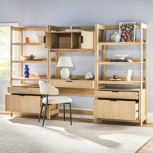 3-Piece Transitional Coastal Oak Reeded 38 in. Hutch Desk with 2-Wide Modern Bookcases