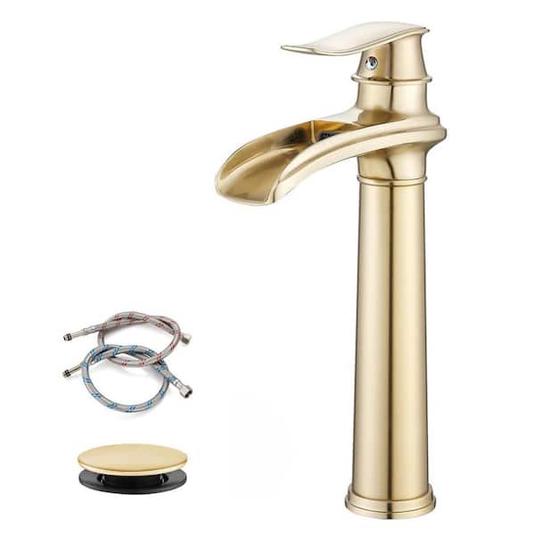 Unbranded Waterfall Single Handle Single Hole Tall Spout Bathroom Vessel Sink Faucet With Pop-Up Drain Assembly in Brushed Gold