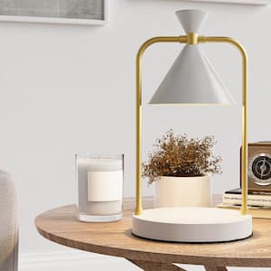 12.8 in 1-Light Metal Vintage White Candle Warmer Table Lamp with Timer, Dimmable Switch(G10 Halogen Bulbs Included)