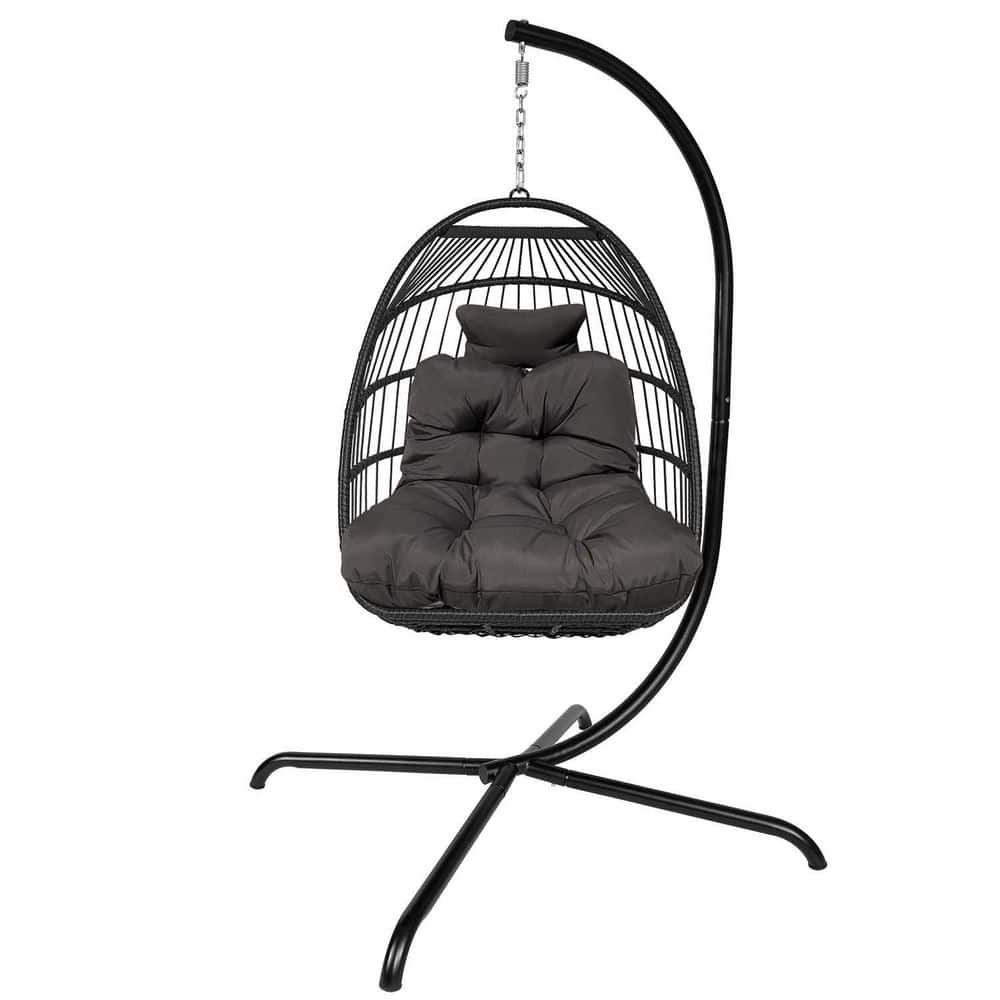 Black Metal Outdoor Wicker Rattan Patio Basket Hanging Chair with Black Cus
