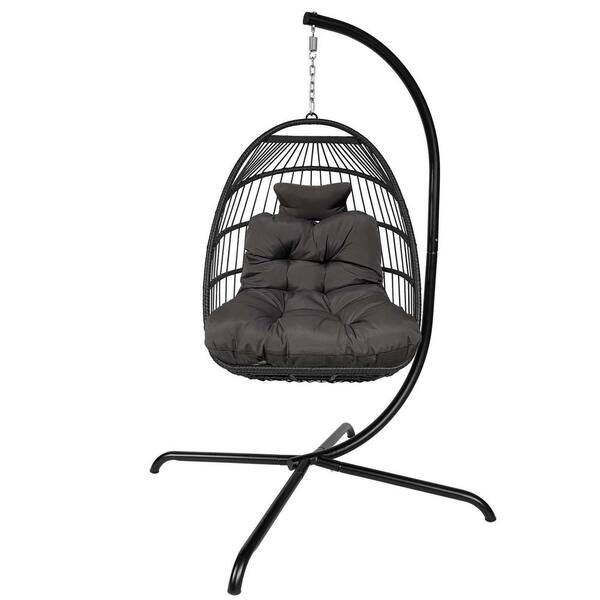 Unbranded Black Metal Outdoor Wicker Rattan Patio Basket Hanging Chair with Black Cushion and Pillow