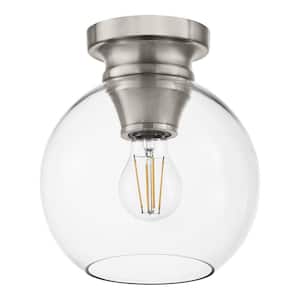 Evelyn 8 in. 1-Light Brushed Nickel Round Flush Mount, Industrial Ceiling Light with Clear Glass Shade