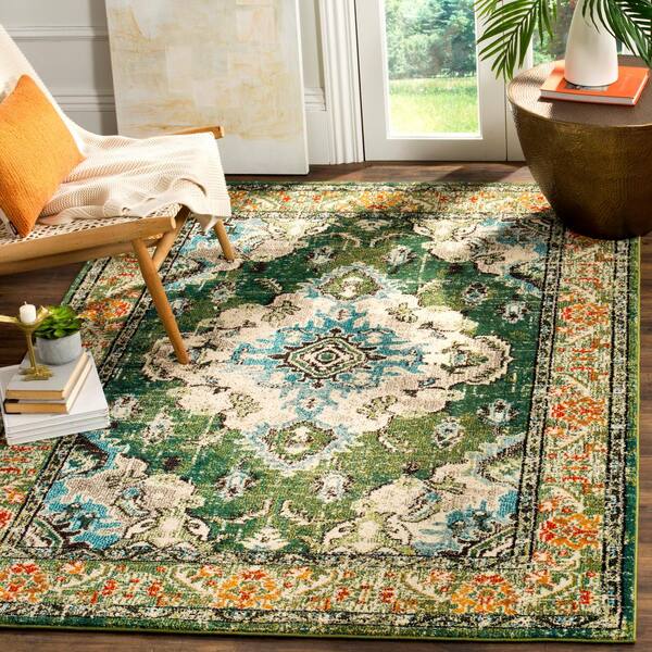 Monaco Forest Green/Light Blue 4 ft. x 4 ft. Distressed Border Medallion Square Area Rug
