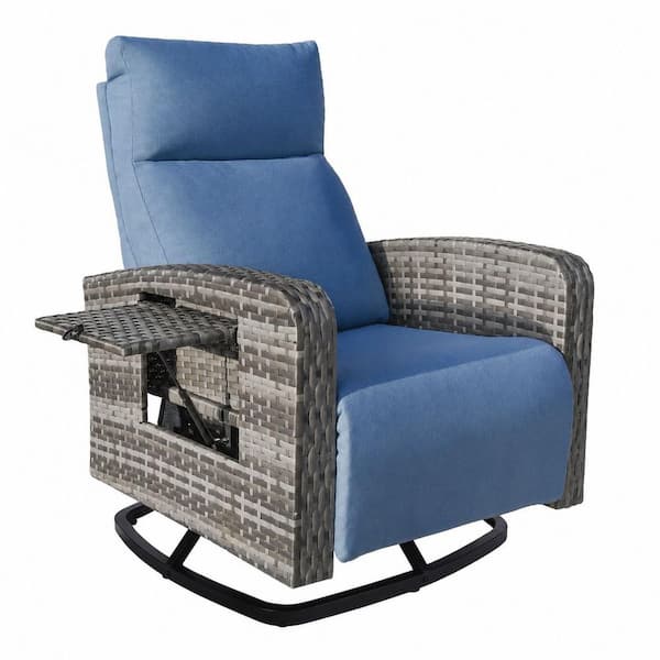 Set of 2 Wicker Outdoor Patio Recliner Chairs with Blue Cushions, Backrest, Footrest, Flip Table