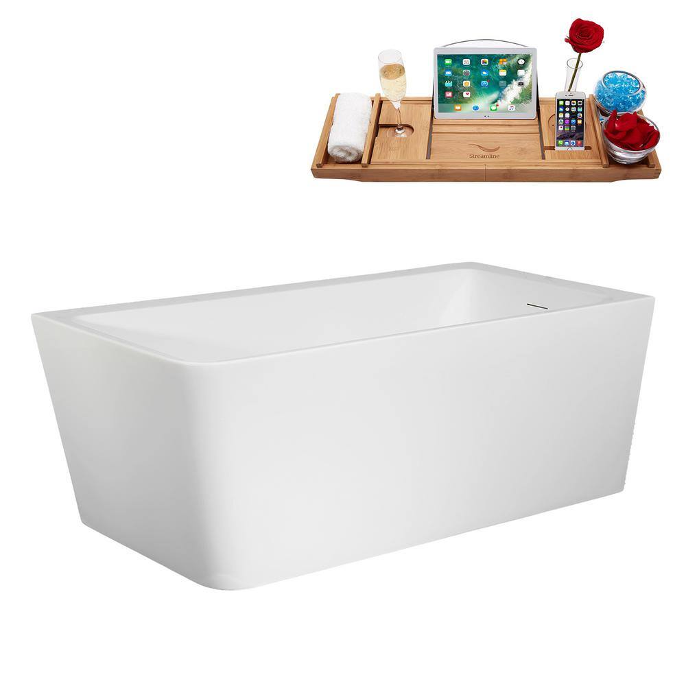 59" Glossy White Acrylic Freestanding Soaking Tub with Matte Black Trim