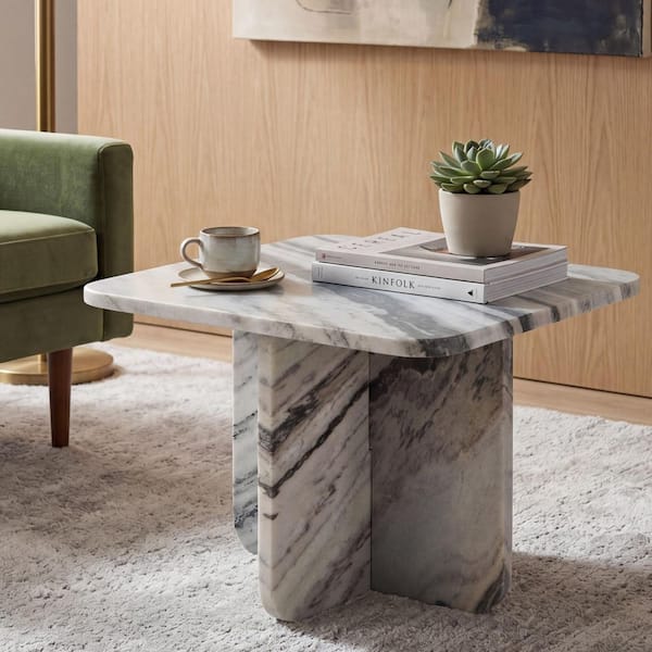 Baretton 18.13 in. White/Black Square Marble End Table with Cross Base