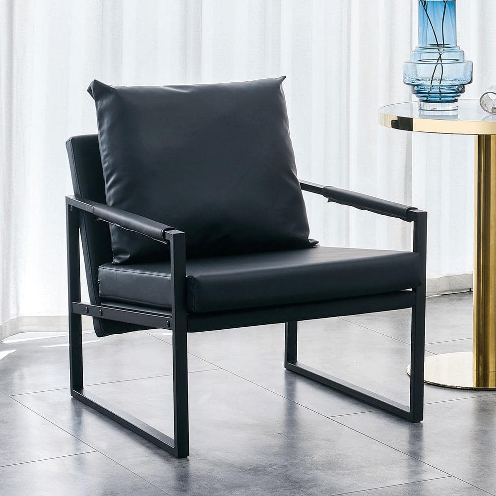 Polibi Black PU Leather Accent Upholstered Armchair With Metal Frame ...