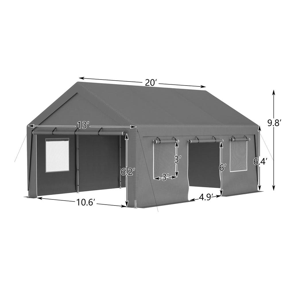 Gray 13' x 20' Metal Frame Carport with Windows