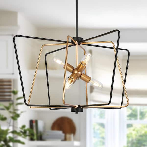 Modern Transitional 6-Lights Black and Gold Square Chandelier, Geometric Hanging Pendant Light for Foyer, Living Room