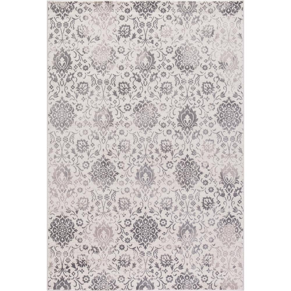 Ivory and Gray Damask Pattern Medium Pile Area Rug