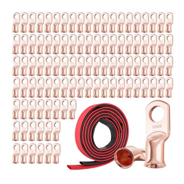 Vrbgify 100-Pieces1 AWG-3/8 Heavy-Duty Battery Lugs with 3:1 Heat Shrink Tubing, Copper Ring Terminals, and Cable End Connectors