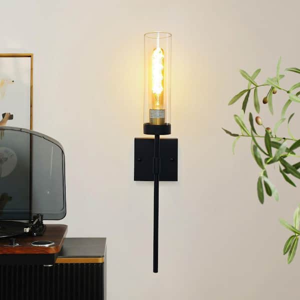 Industrial Modern 4.7 in. 1-Light Black Wall Sconce with Clear Glass Shade-Adjustable 3-Mount Styles