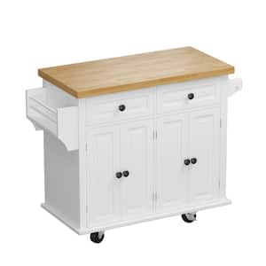 White Rolling Wood Tabletop 43 in. Kitchen Island Cart with Drawers