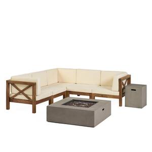 Brava Teak Brown 7-Piece Wood Patio Fire Pit Sectional Seating Set with Beige Cushions