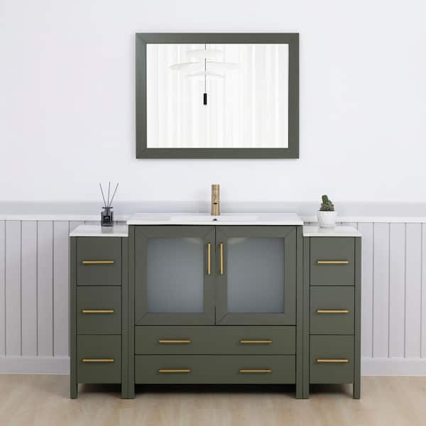 60 in. W x 18 in. D x 36 in. H Vintage Green Bath Vanity with White Ceramic Top and Mirror
