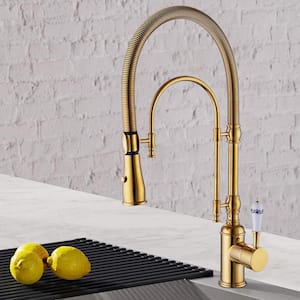 Single-Handle Spring Tube Pull-Down Sprayer Bathtub Faucet in Brushed Gold